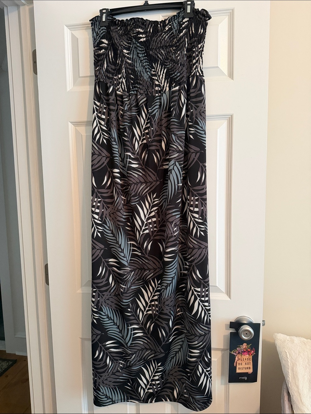 Strapless Smocked Maxi Dress in Black with Gray Leaf Print